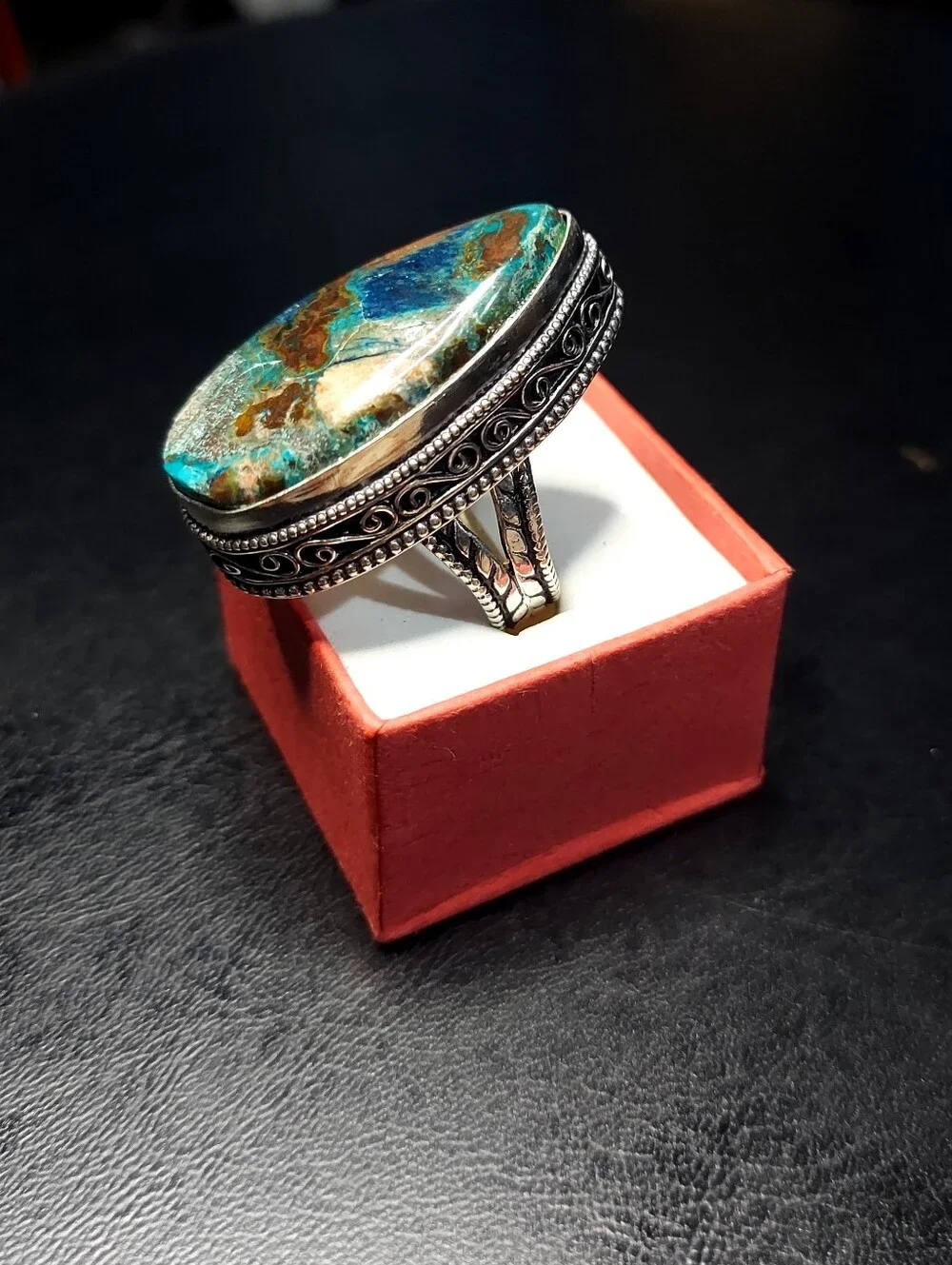 Handcrafted High-Profile Azurite Oversized Teardrop Ring (9.5)